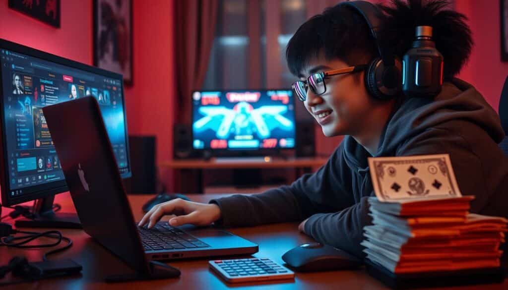 A young Taiwanese player sitting at a desk, intently focused on their laptop screen, surrounded by gaming peripherals like a high-end mouse and keyboard. The room is well-lit, with a warm, cozy atmosphere. On the desk, a stack of bills and a calculator, hinting at the player's successful use of online casino bonus codes. The player's face expresses a triumphant grin, reflecting the satisfaction of leveraging promotions to boost their winnings. The scene conveys a sense of accomplishment and financial prosperity achieved through strategic gameplay and responsible use of casino incentives.
