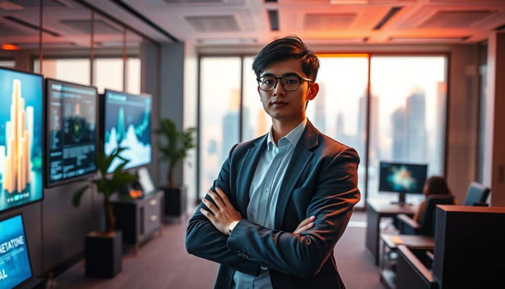 A young entrepreneur stands confidently in a modern office, surrounded by high-tech displays and sleek furnishings. Ambient lighting casts a warm, focused glow, accentuating their determined expression as they review investment strategies for the Jintai Entertainment City project. The scene conveys a sense of innovation, calculated risk-taking, and the pursuit of new opportunities in the rapidly evolving entertainment industry. A sense of anticipation and potential success permeates the image, reflecting the successful case study at the heart of the article.