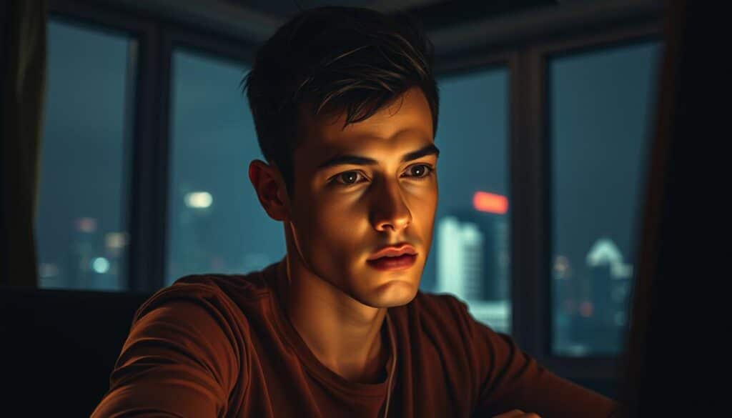 A young man sits at a computer, intently focused on the online casino game before him. The room is dimly lit, creating a sense of intensity and concentration. Soft, warm lighting illuminates his face, casting dramatic shadows and highlighting his determined expression. In the background, a subtle cityscape can be seen through a window, adding depth and context to the scene. The overall mood is one of triumph and personal success, as the player's face reflects the exhilaration of a unexpected win. A high-angle, cinematic composition captures the moment, showcasing the player's journey from novice to triumphant gamer.