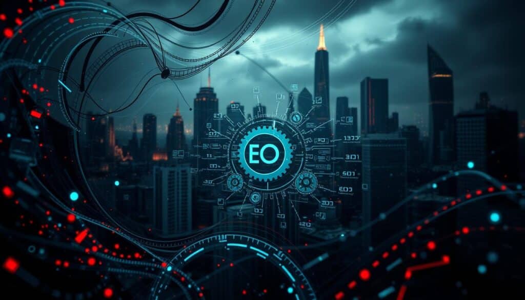 An abstract visualization of the evolving search engine ranking algorithms and SEO trends. In the foreground, swirling data streams and code fragments represent the complex, ever-changing nature of search engine optimization. The middle ground features a stylized search engine interface, its gears and cogs in motion, symbolizing the internal workings of the ranking system. The background is a moody, futuristic cityscape, hinting at the technological advancements shaping the digital landscape. The overall tone is one of dynamism, innovation, and the power of data-driven insights to drive business success. Cinematic lighting and a muted color palette create an atmosphere of contemplation and introspection.