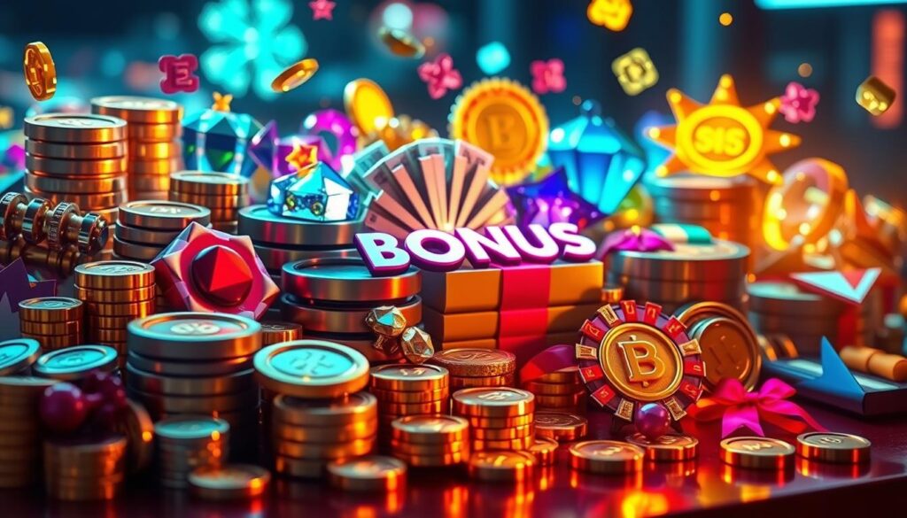 An assortment of vibrant casino bonus icons and symbols, including glittering coins, sparkling gems, stacks of cash, and a variety of colorful ribbons and badges. The scene is illuminated by warm, soft lighting, casting a welcoming glow over the various bonus types. The composition is well-balanced, with the different bonus elements arranged in an eye-catching, visually pleasing manner. The overall mood is one of excitement and anticipation, reflecting the thrill of receiving online casino bonuses. The image aims to showcase the diverse range of bonuses available to players in a visually captivating and informative way.