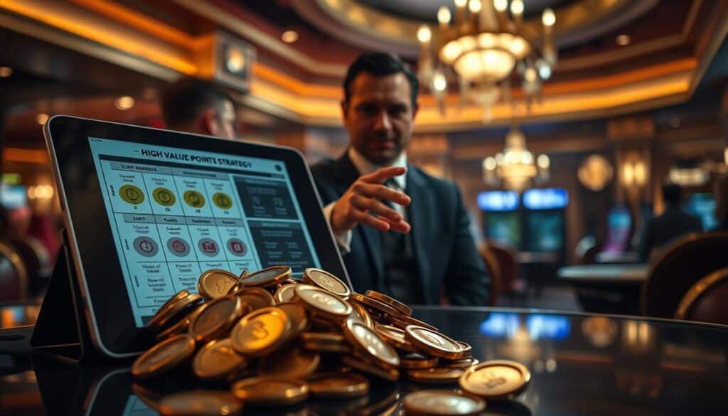 An elaborate high-value points strategy playbook, featuring a detailed infographic on a tablet screen. The foreground showcases a collection of shiny, gold-plated loyalty points, conveying the allure of generous rewards. The middle ground depicts a well-dressed casino operator, gesturing persuasively, seeking to entice players with the temptation of these lucrative incentives. The background is a dimly lit casino interior, creating an atmosphere of opulence and exclusivity. Dramatic lighting casts dramatic shadows, heightening the sense of manipulation and deception. The overall scene evokes a calculated, predatory approach to enticing unwary players with the promise of outsized gains.