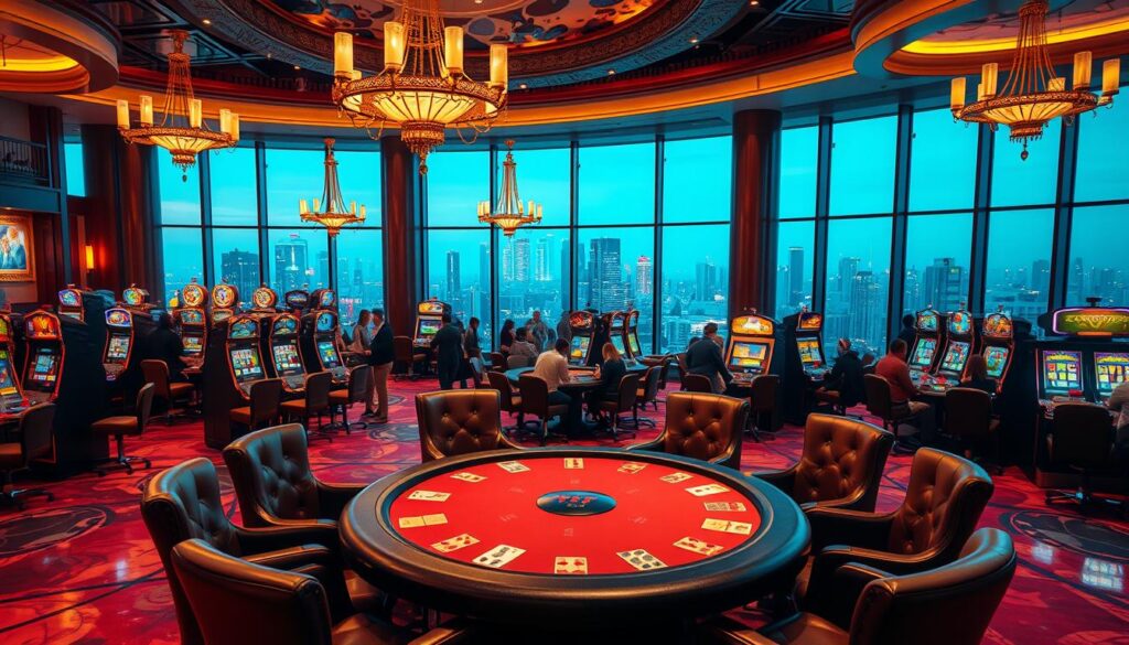 An elegant and brightly-lit interior of a popular online casino, with a luxurious ambiance. The foreground features a central gaming table surrounded by plush leather chairs, where high-stakes card games are in progress. The middle ground showcases a variety of slot machines with flashing lights and vibrant displays, drawing in crowds of enthusiastic players. In the background, a panoramic view of the city skyline can be seen through large, floor-to-ceiling windows, creating a dynamic and immersive atmosphere. The lighting is warm and inviting, with chandeliers casting a soft glow throughout the space. The overall scene conveys a sense of excitement, sophistication, and the thrill of winning big at one of the most popular online entertainment hubs.