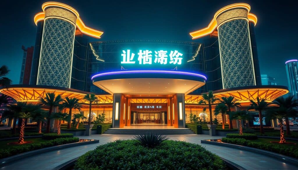 An elegant and modern casino facade, with neon-lit signage and sleek architectural features. The entrance is flanked by gleaming glass towers, their facades adorned with intricate geometric patterns. Soft, warm lighting illuminates the scene, casting a welcoming glow. The foreground features well-manicured landscaping, with lush greenery and a water feature that reflects the dazzling lights. In the background, a bustling cityscape sets the stage, hinting at the excitement and entertainment within the "博弈之星娛樂城". The overall composition conveys a sense of sophistication, luxury, and the thrill of gaming.