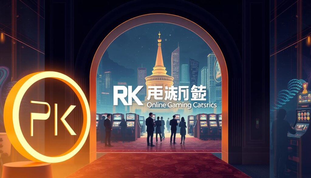 An elegant and modern illustration of the "RK 娛樂城" brand, showcasing its sleek and sophisticated online gaming platform. The scene depicts the entrance to the virtual casino, with a grand archway framing the view. The foreground features the company's distinctive logo, prominently displayed and illuminated by soft, warm lighting. In the middle ground, a group of stylishly dressed patrons are gathered, immersed in the excitement of the gaming tables and slot machines. The background is filled with a lush, abstract cityscape, hinting at the diverse entertainment options available. The overall composition conveys a sense of elegance, excitement, and the high-quality experience offered by this leading online entertainment destination.