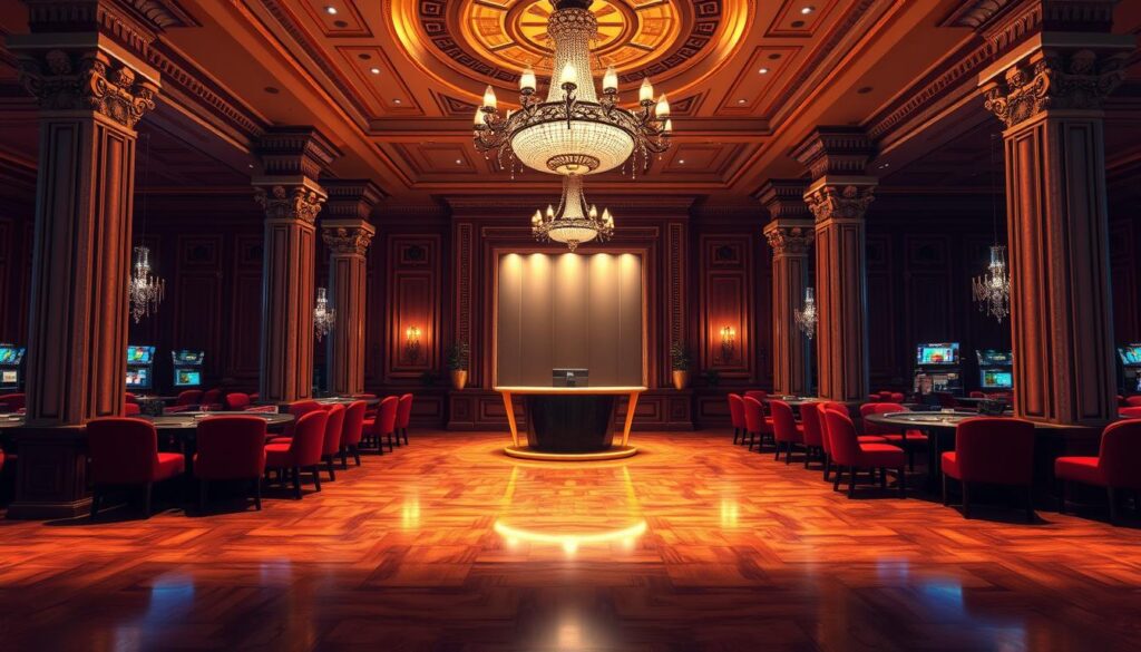 An elegant and secure online casino with a warm ambiance, featuring a grand entryway with ornate columns and a dazzling chandelier overhead. The interior is tastefully designed, with plush velvet seating, polished hardwood floors, and high ceilings adorned with intricate moldings. Soft, indirect lighting casts a gentle glow, creating an inviting atmosphere. In the center, a sleek, modern cashier's desk stands ready to assist patrons. The overall impression is one of sophistication, safety, and trustworthiness - a reliable destination for entertainment and gaming.