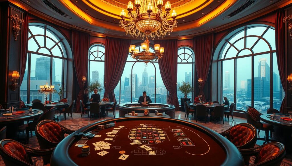 An elegant and sophisticated casino interior, bathed in warm lighting and rich, luxurious textures. In the foreground, a high-stakes gaming table with cards, chips, and attentive players. The middle ground showcases a grand, ornate chandelier hanging above a polished marble floor. In the background, plush velvet curtains frame arched windows, offering a glimpse of a bustling cityscape beyond. The atmosphere exudes an air of exclusivity and entertainment, inviting the viewer to experience the thrill of the ultimate online gaming destination.