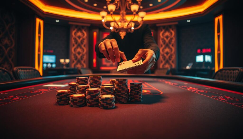 An elegant baccarat table set against a luxurious casino interior, dimly lit with warm amber tones. At the center, stacks of casino chips in varying denominations, hinting at the potential winnings. In the foreground, a dealer's hands expertly shuffling a deck of cards, conveying the precise and practiced movements of the game. The background features a subtle pattern of intricate, gilded designs, evoking the opulence and sophistication of high-stakes gambling. The overall atmosphere is one of anticipation and the allure of potential riches, drawing the viewer into the captivating world of baccarat.