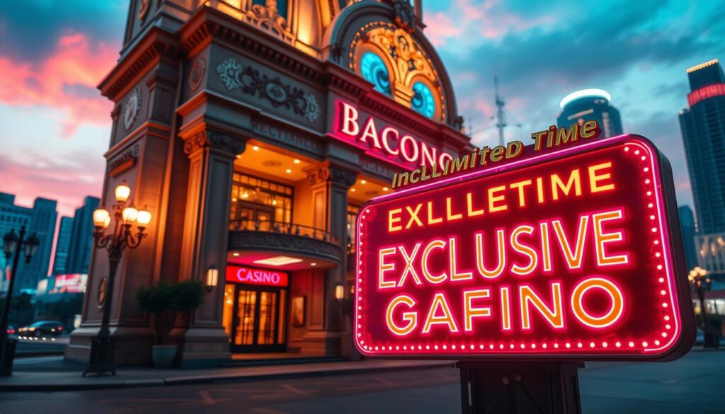 An elegant casino facade set against a vibrant urban skyline, showcasing an enticing limited-time promotion for an online gaming hub. Soft, warm lighting illuminates the ornate architectural details, inviting players to step inside and experience the thrill of the tables. In the foreground, a sleek, neon-infused sign announces the exclusive offer, its bold typography and captivating colors drawing the viewer's attention. The overall scene radiates a sense of sophistication, excitement, and the promise of potential winnings, capturing the essence of a successful, high-profile casino event.