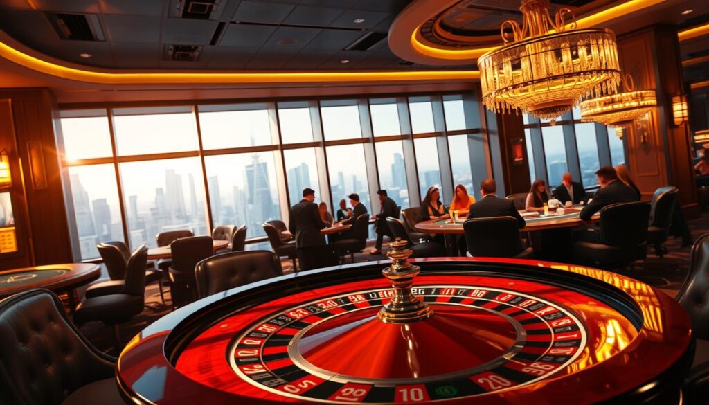 An elegant casino interior bathed in warm, ambient lighting. The foreground showcases a glamorous roulette table with a polished wooden surface, surrounded by plush leather chairs. In the middle ground, high-rolling players engage in lively gameplay, their faces alight with excitement. The background features a panoramic view of the city skyline through towering windows, casting a sophisticated atmosphere. Subtle details, such as ornate chandeliers and gilded accents, elevate the overall sense of refined opulence. The scene conveys the allure and intricate mechanics of a thriving casino, inviting the viewer to immerse themselves in the captivating world of entertainment.