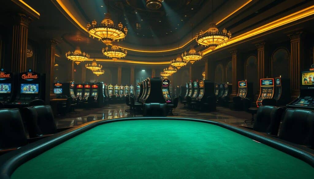 An elegant casino interior, dimly lit with warm, golden lighting filtering through the hazy atmosphere. In the foreground, a green felt poker table is the focus, its surface meticulously groomed, inviting players to test their luck. Around the table, high-backed leather chairs await the participants, their shadows cast dramatically on the polished marble floor. In the middle ground, rows of slot machines beckon, their screens flashing with colorful graphics and tempting jackpot amounts. The background is a panoramic view of the bustling casino, complete with ornate chandeliers, gilded accents, and the faint sounds of clinking glasses and muted conversation, creating an immersive atmosphere of excitement and strategy.