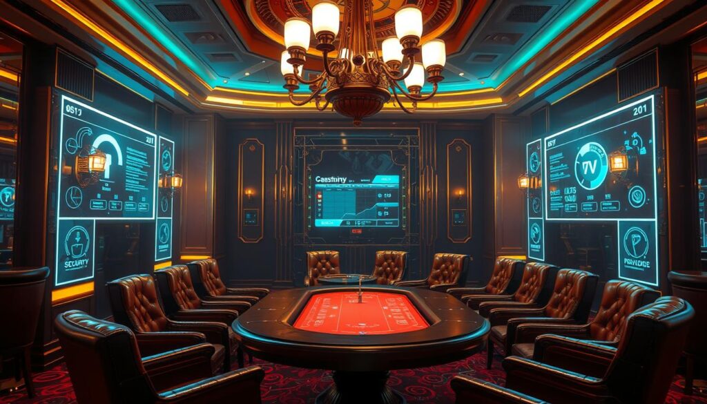 An elegant casino interior with a central gambling table, surrounded by plush leather chairs and ornate chandeliers casting a warm, inviting glow. Along the walls, illuminated display panels showcase key security metrics and indicators, providing an overview of the casino's safety measures and responsible gaming protocols. The overall atmosphere conveys a sense of sophistication, security, and player protection, befitting a modern, high-end online gambling establishment.