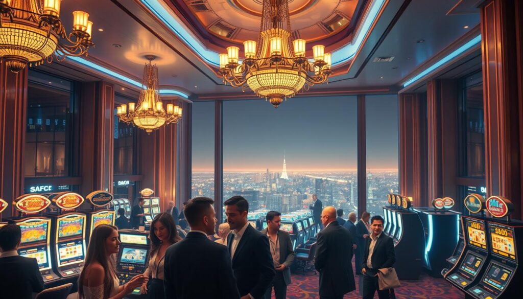 An elegant casino interior with a high-ceilinged lobby, illuminated by warm, ambient lighting and accented by opulent chandeliers. In the foreground, a group of smartly dressed patrons engage in lively conversation, their faces alight with excitement. The middle ground features rows of gleaming slot machines and gaming tables, where players carefully consider their next move. In the background, a sweeping panoramic view of the cityscape outside, hinting at the broader entertainment options available. The overall atmosphere is one of sophistication, luxury, and the thrill of the gaming experience.
