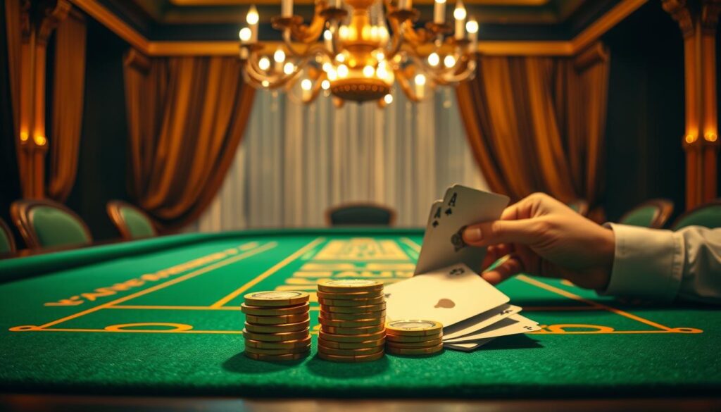 An elegant casino table with a crisp green felt surface, illuminated by warm, indirect lighting. In the foreground, a stack of gold casino chips and a pair of hands holding playing cards, suggesting the strategic game of Baccarat. The background features an ornate chandelier and plush, luxurious curtains, evoking the opulent atmosphere of a high-end gaming establishment. The composition and lighting create a sense of mystery and anticipation, hinting at the potential winnings and secrets to successful Baccarat play.