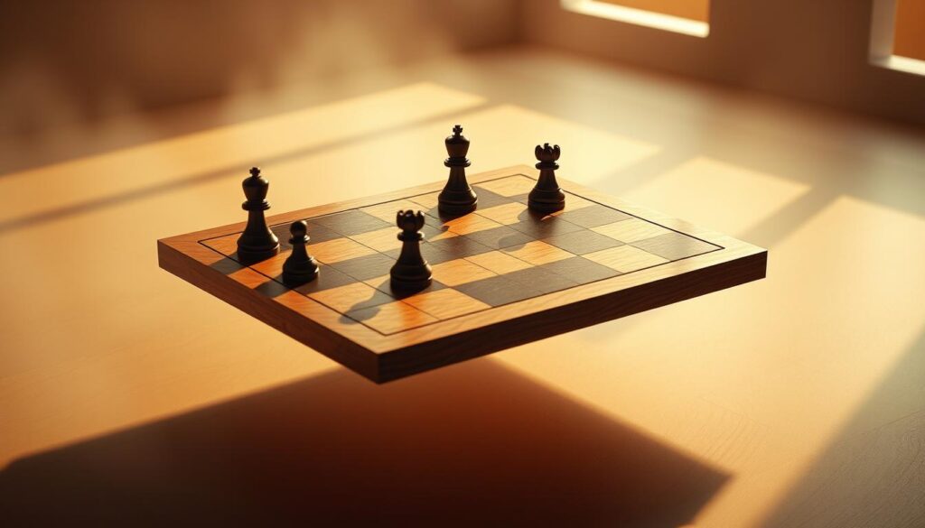 An elegant illustration depicting the optimal game strategy. A game board made of polished wood, with pieces representing different moves and outcomes, hovers in a serene, contemplative environment. Soft lighting casts warm shadows, creating depth and highlighting the strategic nuances. The overall composition suggests a balance between rational decision-making and intuitive understanding, with the game pieces arranged in a visually compelling and informative manner. The image conveys a sense of thoughtfulness, strategy, and the pursuit of the most advantageous course of action.