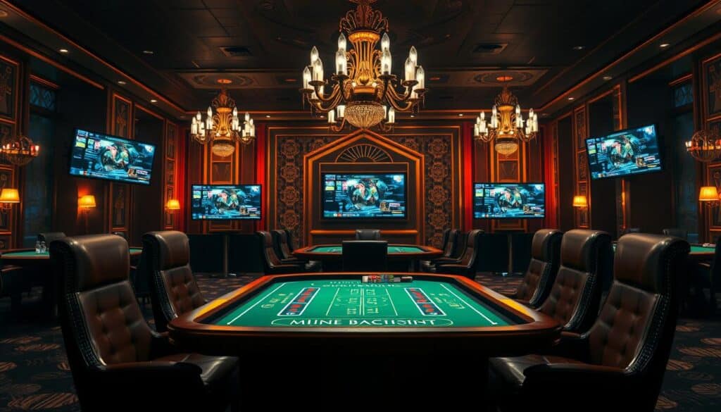 An elegant online baccarat platform set against a backdrop of a sophisticated casino interior. The foreground features a sleek baccarat table with green felt, surrounded by high-backed leather chairs. Warm, ambient lighting casts a subtle glow, creating a refined and alluring atmosphere. The middle ground showcases high-definition displays showcasing live gameplay, while the background is adorned with ornate chandeliers and gilded accents, evoking a sense of luxury and exclusivity. The overall composition conveys a seamless blend of technology and traditional casino elegance, inviting players to immerse themselves in the thrilling world of online baccarat.
