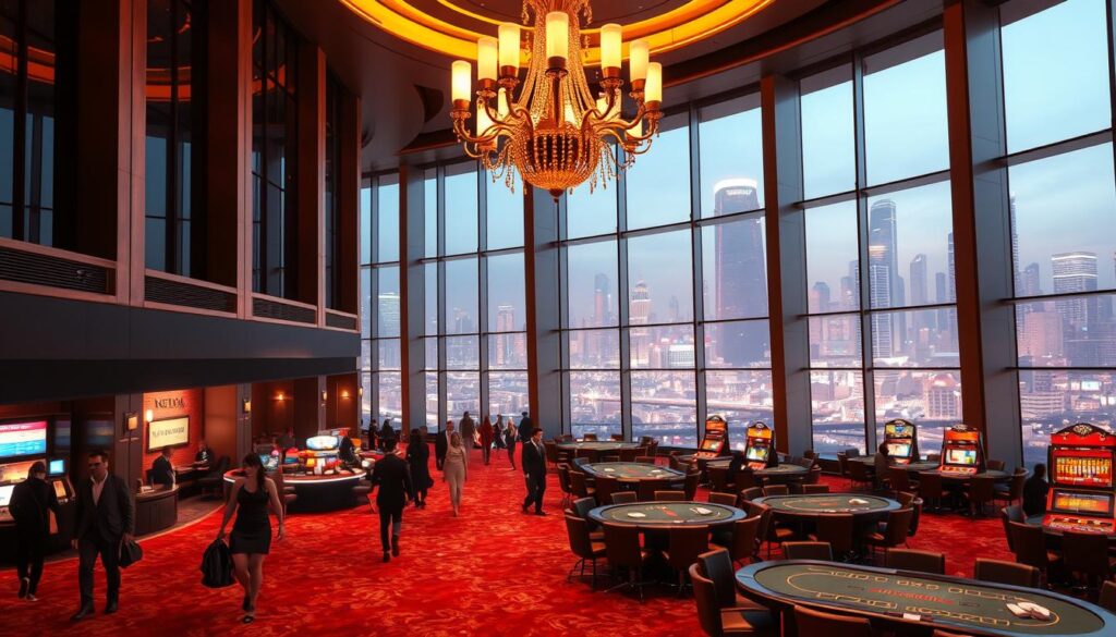 An elegant online casino set against a backdrop of sleek, modern architecture. In the foreground, a chandelier casts a warm, inviting glow over a plush, carpeted lobby. Patrons move gracefully through the space, their faces illuminated by the soft light. In the middle ground, rows of gaming tables invite visitors to try their luck, the felt surfaces gleaming under strategically placed spotlights. The background features towering glass walls, offering a panoramic view of a bustling city skyline. The overall atmosphere is one of sophistication and excitement, creating an immersive, high-end gambling experience.