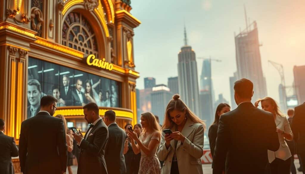 An elegant, retro-inspired scene depicting the evolution of online casino gaming. A grand, gilded casino facade stands tall, its ornate architecture and neon-lit signage hinting at the thrilling entertainment within. In the foreground, a group of stylishly dressed patrons gather, engrossed in the latest casino games on their sleek mobile devices, symbolizing the seamless transition from traditional to digital gaming. The background features a cityscape filled with skyscrapers, reflecting the modern, technology-driven era of the online entertainment landscape. Warm, golden lighting casts a nostalgic glow, while subtle lens flares and depth of field create a cinematic atmosphere, evoking the excitement and allure of the evolving world of online casino gaming.