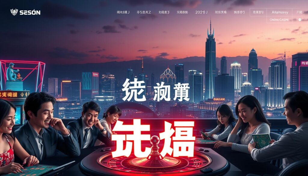 An elegantly designed online casino homepage set against a backdrop of a serene cityscape. In the foreground, a group of players engaged in various casino games, their expressions conveying a sense of excitement and satisfaction. The middle ground features a prominent "選擇安全娛樂城" sign, illuminated by soft, warm lighting that creates a welcoming ambiance. In the background, the skyline is dotted with modern, high-rise buildings, suggesting a thriving metropolitan area. The overall composition exudes a feeling of safety, trustworthiness, and a premium entertainment experience for the discerning Taiwanese player.