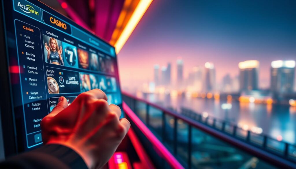An elegantly designed online casino interface, featuring a harmonious blend of vibrant colors and sleek, modern aesthetics. In the foreground, a player's hand hovers over a touchscreen, navigating the intuitive menu with precision. The middle ground showcases immersive gameplay, with high-definition graphics and lifelike animations captivating the user's attention. In the background, a softly blurred cityscape serves as a serene backdrop, suggesting the convenience and accessibility of the online casino experience. The lighting is warm and inviting, creating a sense of comfort and anticipation. The overall composition conveys a balance of sophistication, user-friendliness, and the thrill of casino entertainment.