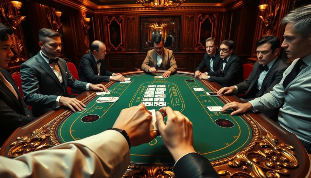 An elegantly designed table with a green felt surface, surrounded by players in formal attire engaged in a high-stakes game of Baccarat. Warm, golden lighting casts a sophisticated ambiance, while ornate carved wood details and a meticulously arranged layout create a sense of classic casino glamour. The dealer's hands deftly shuffles the cards, hinting at the game's time-honored traditions and strategic nuances. The players' expressions convey a mixture of concentration and anticipation, reflecting the thrill of the iconic Baccarat experience. A panoramic perspective captures the grandeur of the scene, inviting the viewer to immerse themselves in the timeless allure of this legendary casino game.