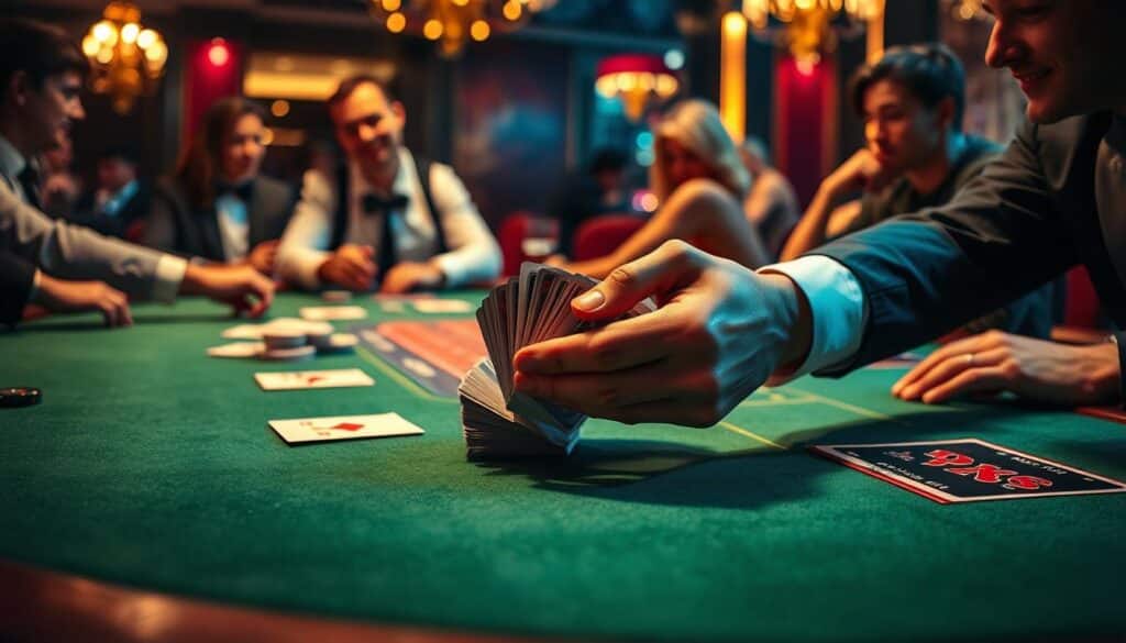 An elegantly lit casino table, the green felt surface gleaming under a soft, warm glow. In the foreground, a player's hands deftly shuffle a deck of cards, their expert movements honed by years of practice. The background is a blur of activity, with other players engaged in the thrilling game of baccarat, their expressions a mix of concentration and anticipation. The lighting casts dramatic shadows, adding depth and intensity to the scene. The overall atmosphere is one of focused determination, as the successful player prepares to make a strategic move that will secure their winnings.
