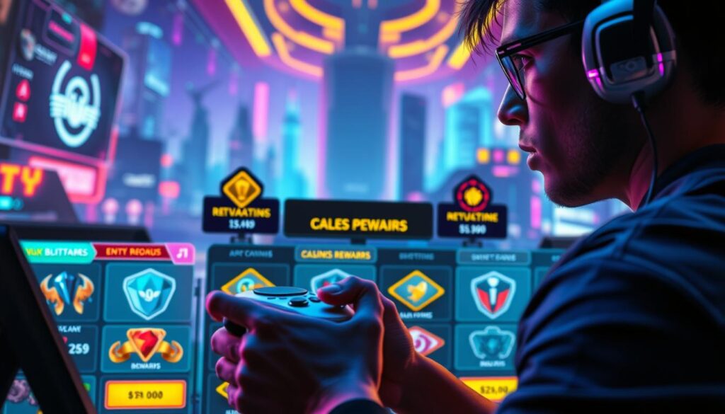 An engaging online casino game experience, with players immersed in a vibrant, dynamic atmosphere. In the foreground, a player holding a sleek, futuristic controller, their expression one of focused intensity as they navigate the game's captivating visuals. The middle ground showcases a range of enticing rewards and bonuses, each presented with a sense of anticipation and excitement. In the background, a high-tech, neon-infused landscape sets the stage, evoking a sense of innovation and technological advancement. Dramatic lighting and cinematic camera angles heighten the sense of immersion, drawing the viewer into the captivating world of the game. The overall mood conveys a seamless blend of entertainment, innovation, and player-centric rewards, reflecting the essence of an exceptional gaming experience.