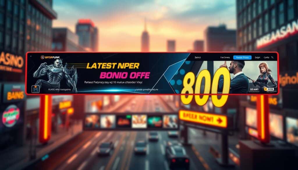 An engaging online casino promotion scene featuring a stylish, modern interface with sleek graphics and intuitive UI elements. In the foreground, a large, eye-catching banner showcases the latest bonus offer, with dynamic animations and vibrant colors to draw the viewer's attention. The middle ground depicts various game icons and thumbnails, hinting at the diverse entertainment options available. In the background, a softly blurred cityscape sets the urban, cosmopolitan atmosphere, evoking a sense of excitement and opportunity. Warm, directional lighting accentuates the polished, high-quality aesthetic, while a subtle depth of field creates a sense of depth and immersion. The overall composition strikes a balance between informative and visually captivating, reflecting the thrilling, yet professional nature of the online gaming experience.