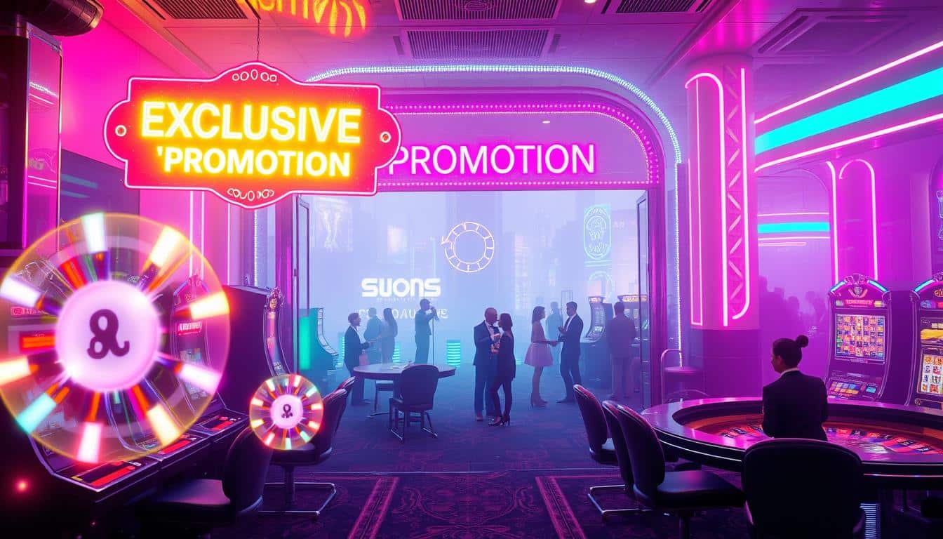 An ethereal, neon-lit online casino scene, its entryway adorned with a dazzling, shimmering "Exclusive Promotion" sign. A magical, dreamlike atmosphere pervades, as virtual slot machines and roulette tables beckon players with mesmerizing, pulsating lights. In the foreground, iridescent jackpot symbols float, casting a dazzling glow upon the scene. The middle ground features elegantly dressed, smiling patrons enjoying the thrilling gaming experience, while the background is shrouded in a hazy, indistinct cityscape, hinting at the virtual nature of this captivating entertainment hub. Vibrant, neon-tinged lighting casts a captivating, otherworldly ambiance, drawing the viewer into this limited-time, extraordinary online gaming event.