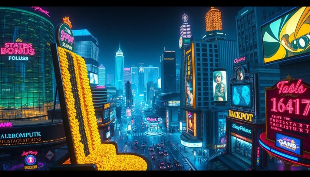 An expansive and luminous entertainment city, its neon-drenched casinos and bustling boulevards radiate an irresistible allure. In the foreground, a towering jackpot symbol, its golden coins cascading like a mesmerizing waterfall, symbolizes the boundless potential of the city's lucrative bonuses. The middle ground showcases the glittering glass facades of the extravagant gaming halls, their reflections creating a sense of endless depth and possibility. In the background, a panoramic skyline of sleek skyscrapers and dazzling electronic billboards sets the stage for this immersive, high-stakes adventure. The scene pulses with a captivating blend of excitement, wealth, and the promise of life-changing rewards, drawing the viewer into the heart of this thrilling entertainment metropolis.