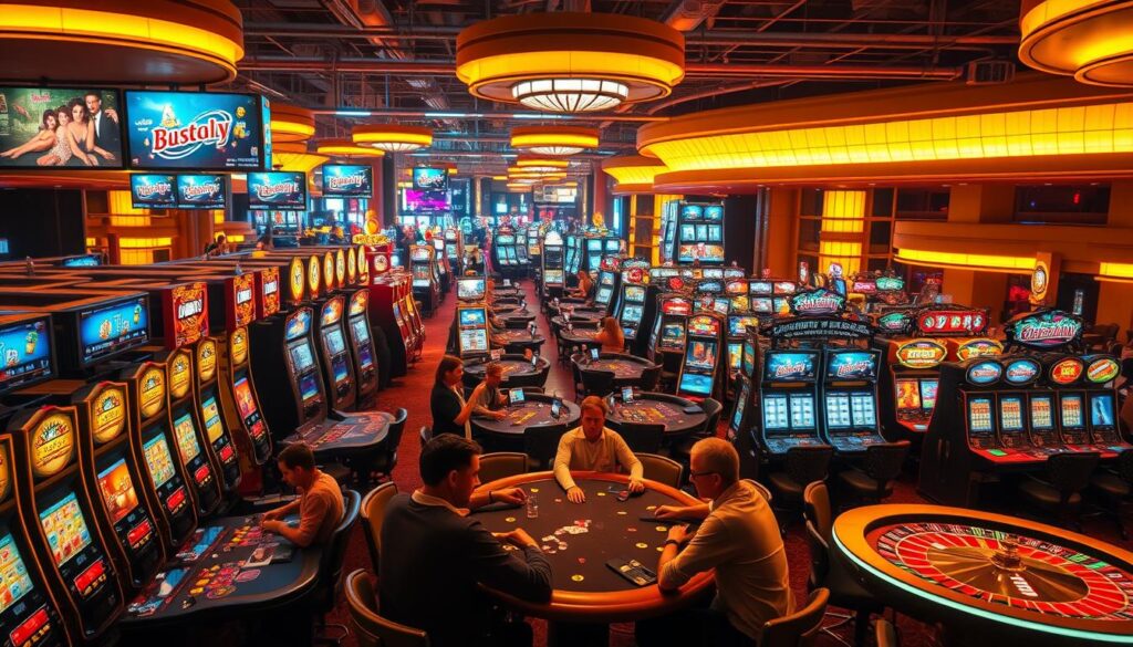 An expansive and vibrant casino gaming scene, with rows of slot machines and gaming tables illuminated by warm, golden lighting. In the foreground, a group of players engrossed in a high-stakes poker game, their faces a mix of concentration and anticipation. The middle ground showcases a variety of popular casino games, from roulette wheels to blackjack tables, each with its own unique flair and allure. In the background, a bustling atmosphere with large video screens displaying live casino action, creating an immersive and energetic experience. The overall composition exudes a sense of excitement, prosperity, and the thrill of the gaming experience.