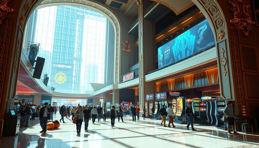 An expansive, brightly-lit gaming lobby in a modern entertainment complex. The foreground features a large, ornate entrance arch with intricate gold detailing, beckoning visitors to step inside. In the middle ground, a crowd of eager patrons mill about, some queuing at sleek registration stations while others stroll towards vibrant gaming tables and slot machines. The background showcases a towering, glass-paneled facade, allowing natural light to flood the space and create a warm, inviting atmosphere. Soft, ambient lighting casts a comfortable glow, while streamlined signage and digital displays guide newcomers towards the various gaming attractions. An air of anticipation and excitement permeates the scene, capturing the thrill of a dynamic entertainment destination.