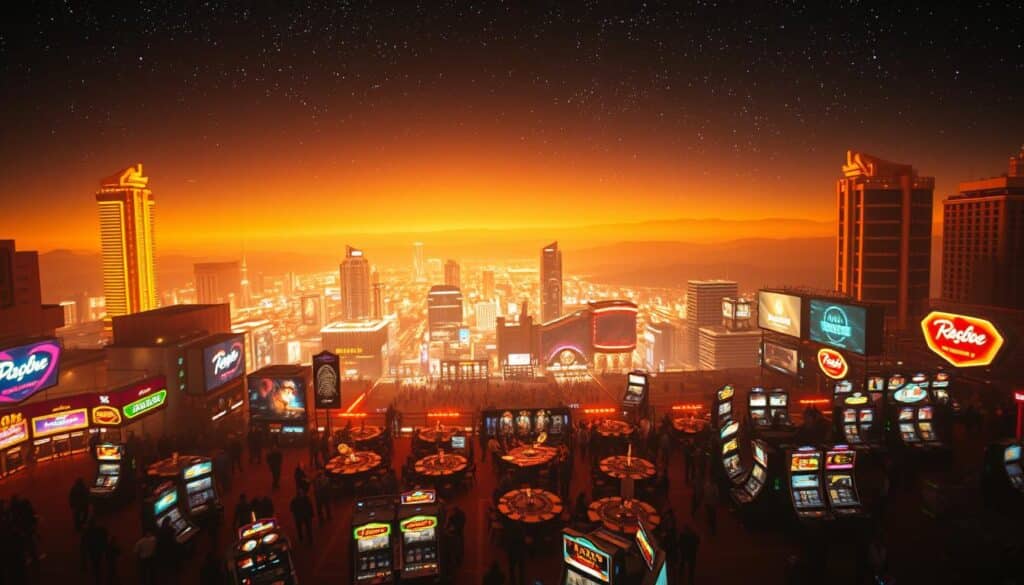 An expansive, captivating view of the origins of the entertainment city, illuminated by a warm, golden glow. In the foreground, a bustling scene of casino tables, slot machines, and vibrant crowds, captured with a cinematic depth of field. The middle ground reveals a towering skyline of gleaming skyscrapers and neon-lit billboards, reflecting the city's opulence and allure. In the background, a majestic landscape unfolds, with rolling hills and a vast, starry sky, suggesting the timeless, almost mythical nature of this gaming metropolis. Dramatic lighting and a cinematic camera angle heighten the sense of grandeur and intrigue, inviting the viewer to explore the captivating origins of this iconic entertainment hub.
