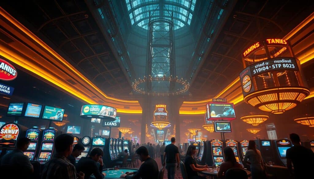 An expansive, dimly lit casino interior with a towering glass atrium overhead, bathed in a warm, hazy glow. In the foreground, a group of players engrossed in a high-stakes poker game, their faces illuminated by the glow of slot machines and electronic displays. In the middle ground, a scattering of people linger near promotional banners and advertisements, enticed by flashy offers and bonuses. The background is shrouded in shadows, but hints of extravagant décor and bustling activity can be glimpsed, suggesting the allure and seductive power of online gambling promotions. The scene evokes a sense of both excitement and unease, capturing the complex influence of these captivating, yet potentially harmful, casino incentives.