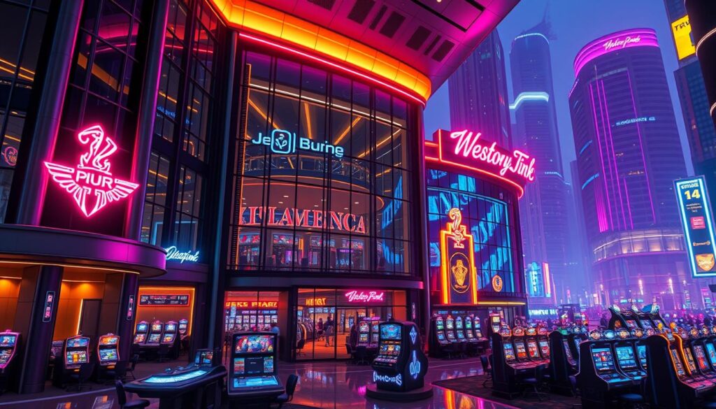An expansive, modern gambling complex with a sleek, contemporary facade adorned with neon signage and illuminated architectural elements. The entrance is flanked by towering glass and steel structures, creating an aura of sophistication and legality. The interior is filled with luxurious gaming tables, slot machines, and VIP lounges, all bathed in a warm, ambient lighting that evokes a sense of high-end entertainment. In the background, a cityscape of skyscrapers and neon-lit streets sets the scene, reinforcing the legality and integration of this gambling establishment within the urban landscape. The overall composition conveys an image of a legitimate, regulated entertainment venue catering to discerning patrons.