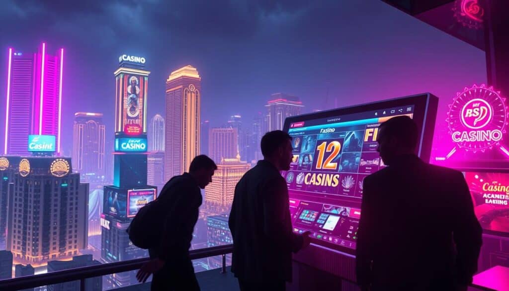 An expansive, neon-drenched cityscape at night, with towering skyscrapers and bright casino signs illuminating the skyline. In the foreground, a sleek, modern interface depicting an online gambling platform, its digital interface glowing with vibrant colors and dynamic animations. Shadowy figures move across the screen, their faces obscured, engaging in the thrills of virtual wagering. The atmosphere is one of excitement and temptation, hinting at the rapid growth and evolving nature of the online gambling industry. Dramatic lighting casts sharp shadows, creating a sense of mystery and intrigue around this emerging digital realm. The overall scene conveys the definition and expanding influence of the contemporary online casino landscape.