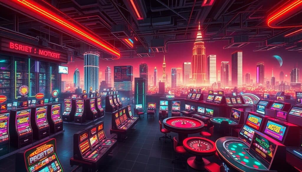 An expansive, neon-tinged digital landscape depicting the thriving online casino market. In the foreground, a bustling array of virtual slot machines, poker tables, and roulette wheels, their vibrant lights and animations pulsing with energy. The middle ground showcases a network of interconnected servers and data centers, their blinking lights and cooling fans hinting at the complex infrastructure powering this digital ecosystem. In the distant background, a towering cityscape of gleaming skyscrapers and futuristic architecture, symbolizing the scale and scope of the industry. The scene is bathed in a warm, futuristic glow, reflecting the rapid growth and technological innovations shaping the contemporary online gambling landscape.