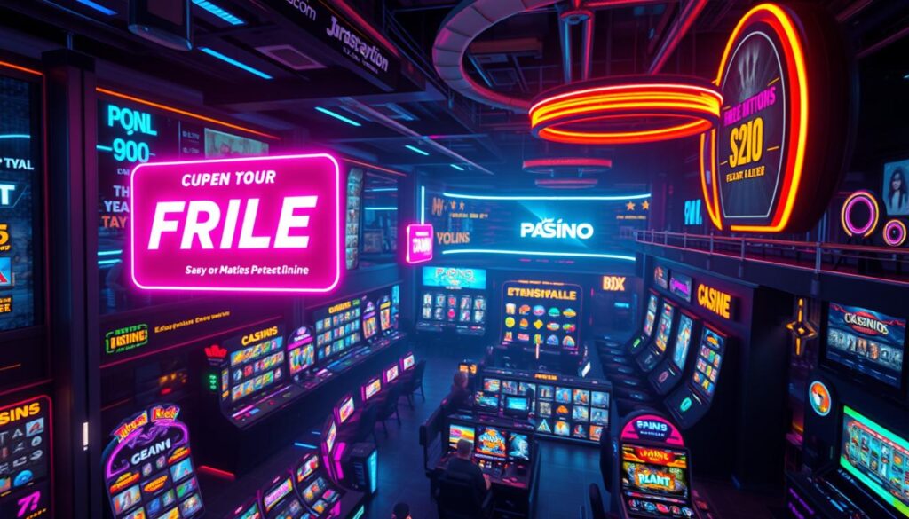 An expansive online gaming hub, with vibrant neon lights illuminating the diverse range of game options. Visually striking promotions and offers float in the foreground, enticing players to explore the thrilling entertainment within. The mid-ground showcases an array of popular casino-style games, their animations and visual effects captivating the viewer. In the background, a sleek, modern interface creates a sense of technological sophistication, reflecting the high-quality, immersive experience of this online gaming destination. The overall atmosphere exudes a captivating balance of excitement, allure, and professionalism, perfectly capturing the essence of an "online entertainment city gaming promotion."