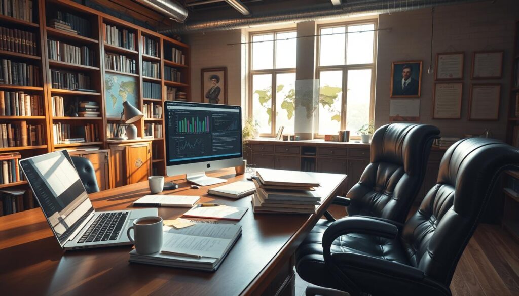 An expansive workspace with a large wooden desk, bookshelves lining the walls, and a plush leather chair. Bright natural light streams in through large windows, illuminating the space. On the desk, a laptop, notebook, and a mug of steaming coffee sit next to a neatly arranged cluster of research materials - printed documents, sticky notes, and a desktop computer monitor displaying data visualizations. The atmosphere is one of focused productivity, with a sense of professional expertise and diligent inquiry. In the background, a world map and diploma on the wall hint at the depth of knowledge and experience needed to master the art of keyword research.