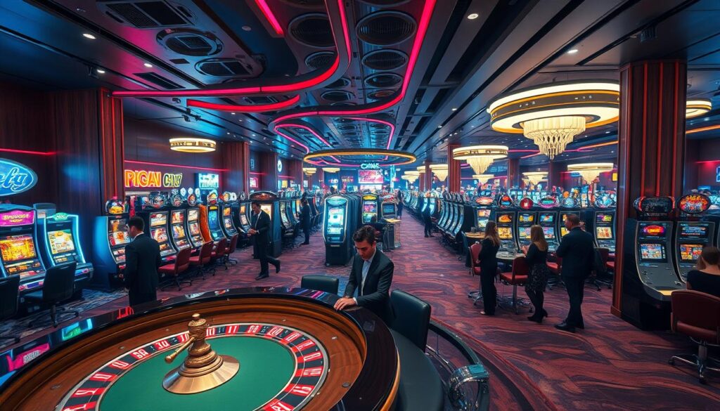 An extensive game selection in a sleek, modern online casino setting. A well-lit, spacious floor plan showcases a variety of slot machines, table games, and live dealer experiences. Vibrant neon lights and rich wood accents create an energetic yet inviting atmosphere. In the foreground, a high-roller roulette table with a dealer in a sharp suit, surrounded by smartly dressed patrons eagerly placing their bets. In the middle distance, rows of slot machines in diverse themes and styles beckon players to try their luck. The background features a panoramic view of the casino's luxurious interior, hinting at the depth and variety of gaming options available. The overall scene conveys the excitement, sophistication, and boundless entertainment choices of a premier online casino.