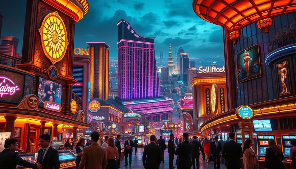 An extravagant online entertainment city with a breathtaking skyline, neon-lit streets, and a bustling atmosphere. In the foreground, a group of well-dressed guests enjoying the luxurious amenities and high-end gaming facilities. In the middle ground, a towering, modern casino complex with intricate architectural details and vibrant lighting. The background features a panoramic view of the city, with gleaming skyscrapers and a vibrant nightlife. The scene is captured with a cinematic, wide-angle lens, emphasizing the grandeur and scale of the entertainment district. The lighting is a harmonious blend of warm, inviting tones and striking, dynamic highlights, creating a sense of energy and excitement. The overall mood is one of opulence, sophistication, and the thrill of possibility.