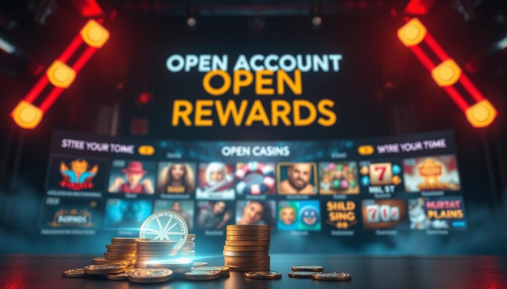 An immersive open account rewards scene, featuring a sleek online casino interface with vibrant icons and elegant typography. In the foreground, a glowing stack of coins symbolizes the enticing bonuses, backlit by a warm, seductive lighting. The middle ground showcases various game thumbnails, hinting at the diverse entertainment offerings. The background is a soft, blurred gradient, creating a sense of depth and sophistication. The overall mood is one of anticipation and allure, inviting the viewer to explore the rewarding world of online gaming.