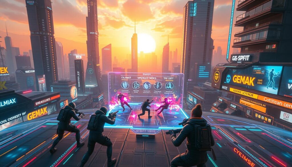 An innovative electronic game set in a futuristic cityscape, with towering skyscrapers and neon-lit streets. In the foreground, a group of gamers engage in an intense multiplayer battle, their avatars clashing with vibrant special effects. The middle ground features a holographic interface, displaying a range of game modes and customization options. In the background, a panoramic view of the city skyline, bathed in a warm, sunset glow, creating a sense of technological wonder and progress. The scene is captured with a wide-angle lens, emphasizing the scale and dynamism of the gaming experience. The overall mood is one of excitement, innovation, and the boundless potential of the gaming industry in the years to come.