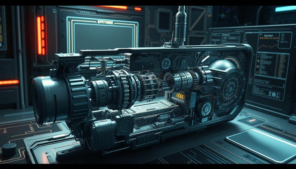 An intricate technical diagram showcasing the inner workings of a gaming mechanism. A cutaway view reveals the various gears, circuits, and algorithms that power the gameplay, all rendered in a crisp, technical style evocative of engineering schematics. The foreground features the core components, meticulously detailed, while the middle ground displays how these parts interconnect and interact. The background depicts a sleek, minimalist interface, hinting at the user experience. Dramatic lighting casts shadows and highlights the precision of the design, conveying a sense of the carefully engineered processes driving the gaming system. The overall mood is one of technological sophistication and the elegant complexity underlying modern interactive entertainment.