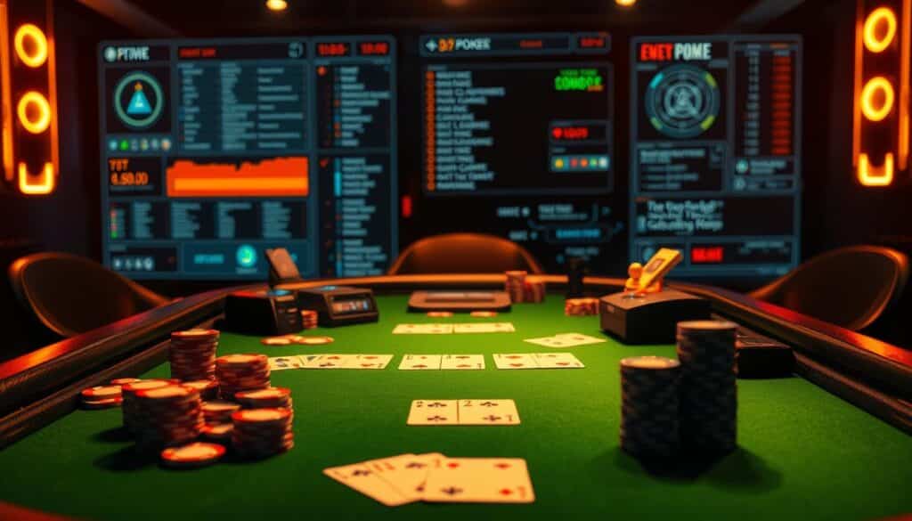 An intricately detailed image of a poker game table set against a backdrop of a modern online gaming interface. The table is illuminated by warm, ambient lighting, casting a cozy glow on the green felt surface and the assortment of poker chips and cards neatly arranged. In the foreground, the cards are dealt, ready for the players to strategize their next moves. The middle ground features the game controls and interface, with sleek, minimalist design elements hinting at the digital nature of the experience. The background showcases a blurred, subtle rendering of the online platform's user interface, providing context for the virtual poker setting. The overall composition conveys a sense of immersion, skill, and the thrill of online poker competition.