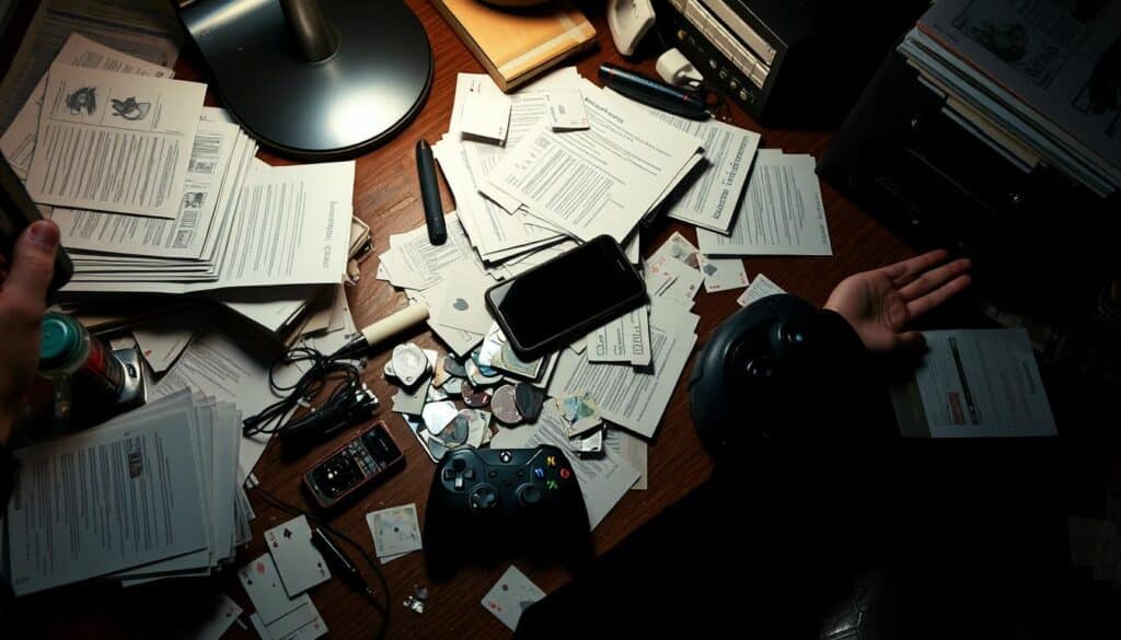 An office desk cluttered with scattered documents, a smartphone, and a gaming controller, symbolizing the disorganized and haphazard nature of gaming mistakes. The lighting is harsh, casting harsh shadows and creating a sense of tension. The camera angle is slightly elevated, giving the viewer a bird's-eye perspective on the chaotic scene. The overall mood is one of frustration and confusion, reflecting the theme of common gaming mistakes and the need for a guiding hand to navigate the complexities of online casino gameplay.