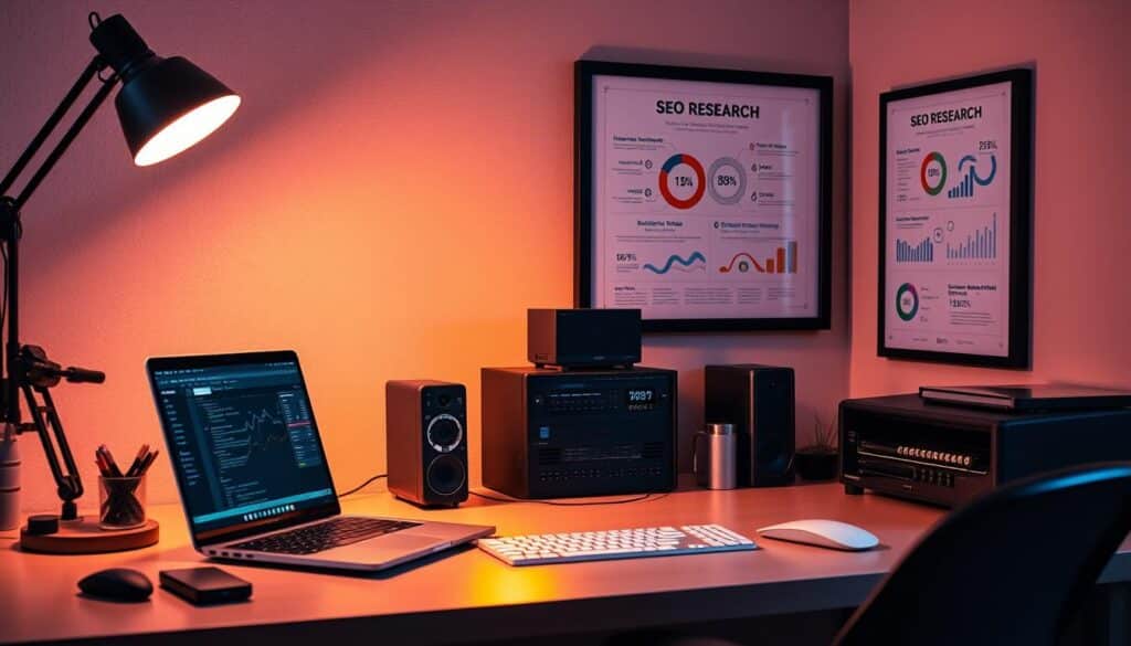 An office desk with a laptop, keyboard, and a variety of SEO research tools like keyword planners, backlink analyzers, and search engine optimization software. The desk is illuminated by a warm, desk lamp casting a cozy glow. On the wall, a framed poster displays an infographic on effective SEO strategies. The room has a modern, professional atmosphere with clean lines and minimalist decor. The overall scene conveys productivity, organization, and a focus on improving website visibility through data-driven SEO techniques.