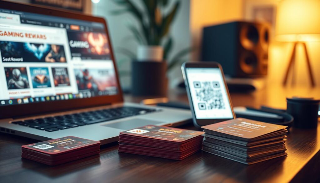 An office desk with a laptop, smartphone, and stack of gaming reward codes. The scene is well-lit with a warm, inviting atmosphere. The laptop screen displays a gaming website, and the smartphone shows a QR code or barcode. The foreground features the gaming reward codes, neatly arranged and easily accessible. The middle ground showcases the technology used to access and redeem the codes. The background subtly suggests a cozy, professional workspace. The overall composition conveys the ease and convenience of obtaining gaming rewards through digital means.