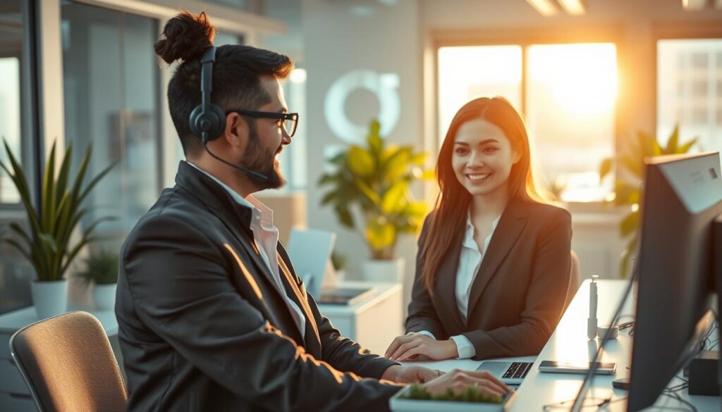 An office scene with a smiling customer service representative assisting a satisfied customer at a desk. The representative wears a professional outfit and has a friendly, approachable demeanor. The customer looks pleased, with a relaxed posture and a small smile. Warm, natural lighting illuminates the scene, creating a welcoming atmosphere. The background features subtle office elements like a computer monitor, stationery, and plants, establishing a modern, efficient workspace. The composition emphasizes the positive interaction between the customer and the representative, highlighting the effectiveness of the customer service practices.