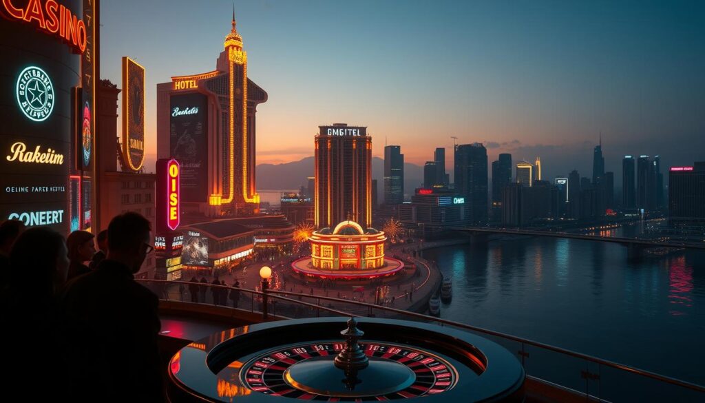 An online casino skyline at dusk, with neon signs and bright lights reflecting off the smooth waters of a river. In the foreground, silhouetted figures gather around a roulette table, their faces obscured by shadows. The middle ground features a towering hotel with a glittering facade, surrounded by bustling streets and pedestrians. In the background, a panoramic view of the city skyline, with skyscrapers and high-rise buildings creating a sense of grandeur and opulence. The scene is bathed in a warm, hazy glow, evoking a sense of excitement and allure, yet hinting at the potential for deception and exploitation.